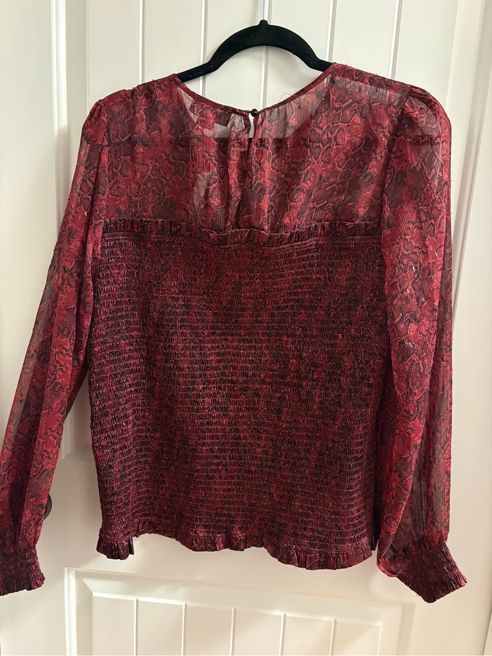 NWT Women's Burgundy Sheer Long-Sleeve Smocked Snake print Blouse